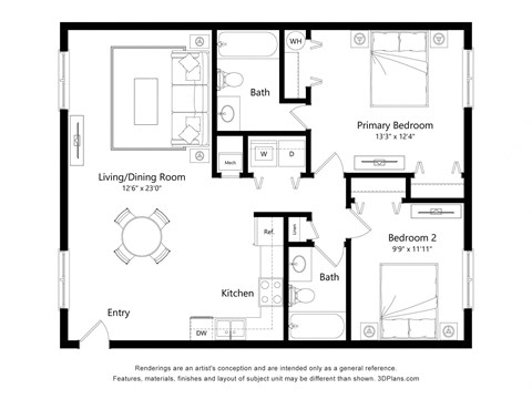 Floor plan for 2 beds, 2 baths, 1008 sqft